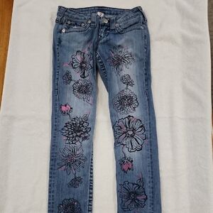 True Religion Women's Blue With Pink/Black Floral Jeans Size 26 Preowned
